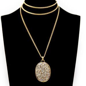 Vtg Butler Fifth Avenue Rhinestones & Enamel Gold Tone Necklace 32" Chain Locket